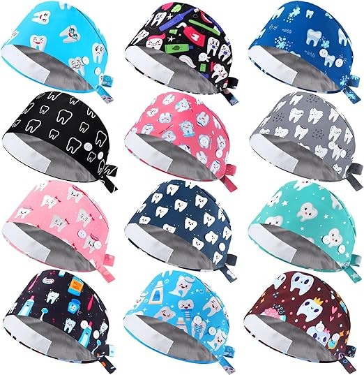 Hercicy 12 Pcs Satin Lined Scrub Caps for Women Dental Working Caps with Button and Sweatband Adjustable Dentist Nurse Scrub Unisex Elastic Bandage Tie Back Hats for Women Men Teeth Pattern