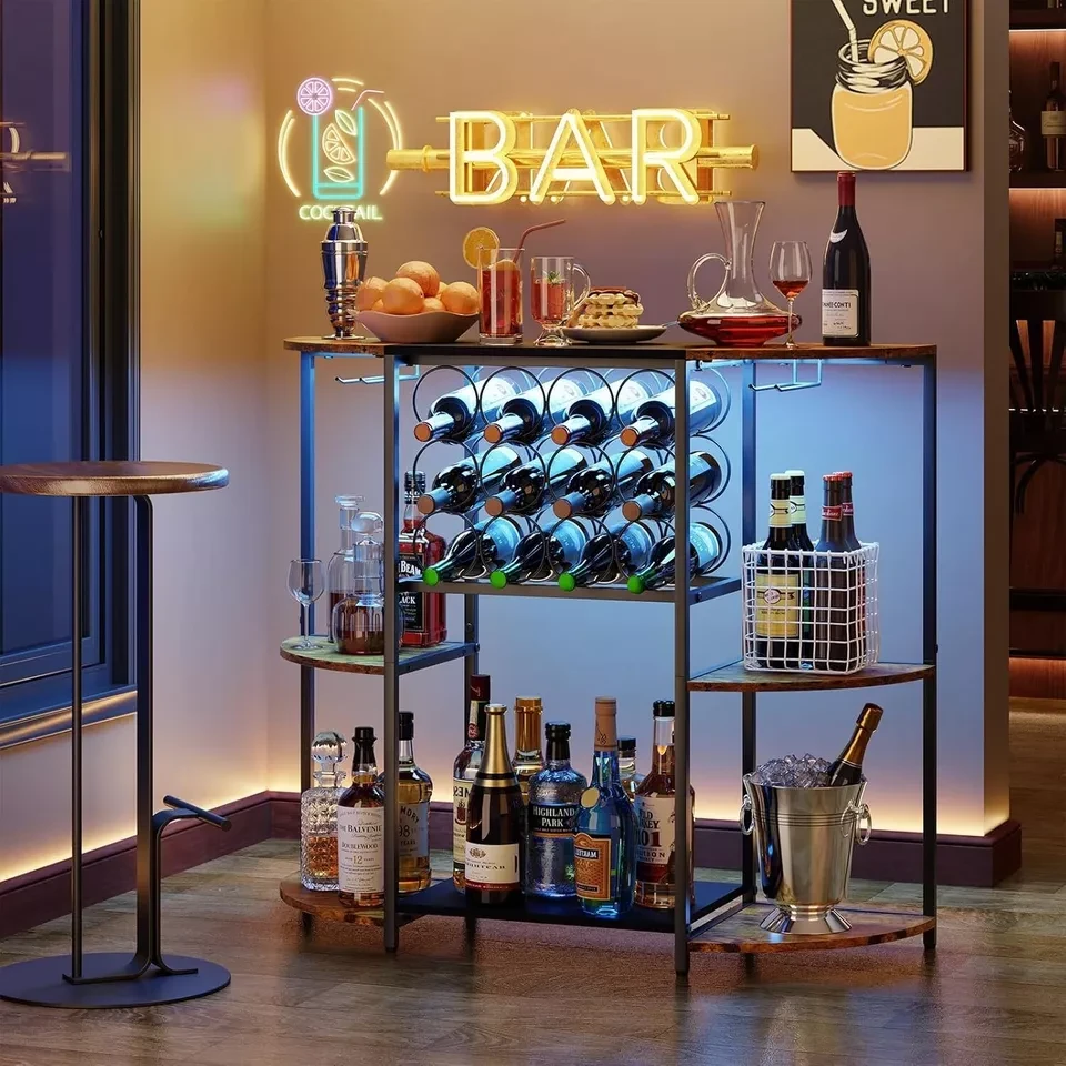 JKsmart Wine Bar Cabinet with LED Lights, Wine Rack with Storage and Glass Ho... thumbnail 3