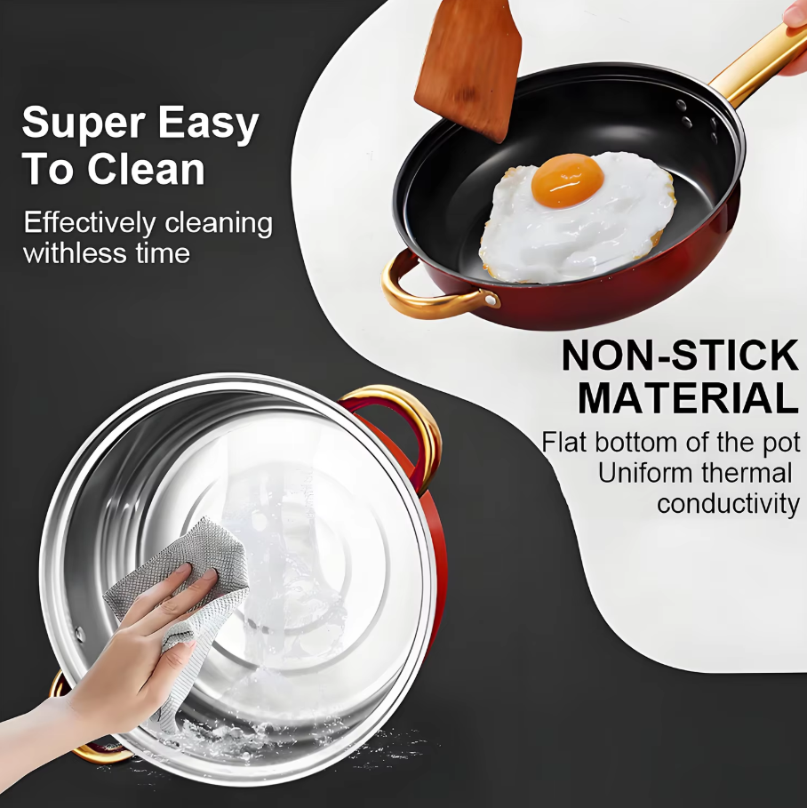 Red Cookware Set, 12-Piece ,Stainless Steel, Non-Stick, Kitchen Cookware Collection, Complete Kitchen Solution thumbnail 5
