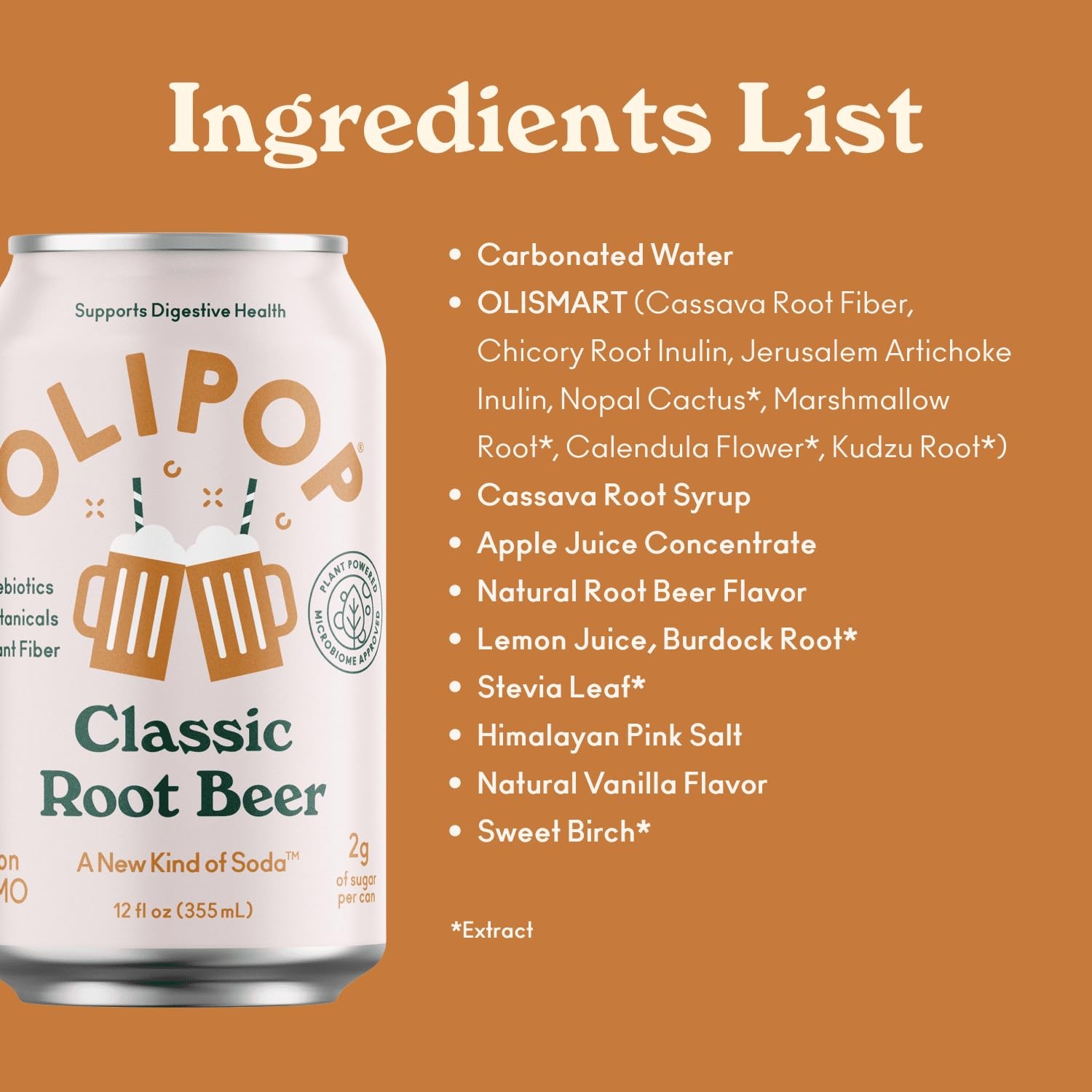 OLIPOP Prebiotic Soda Pop, Classic Root Beer, A New Kind of Soda Packed with Prebiotics, Fiber, and Botanicals, Gluten Free, Vegan, GMO Free, 12oz (12-Cans) thumbnail 2