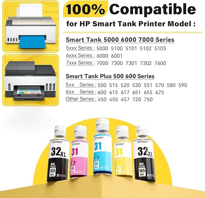 31 Ink Bottle Set, 32XL Black Ink Bottle Compatible for HP Smart Tank 7602 6001 5101 5000 7300 7301 520 580, 31 32 XL Ink Bottles Set for Smart Tank Plus 651 551 Refill thumbnail 3