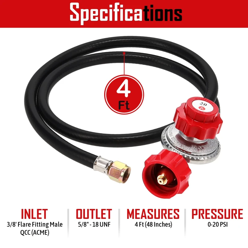 GasOne 4 ft High Pressure Propane 0-20 PSI Adjustable Regulator with Red QCC-1 Type Hose - Works with Newer U.S. Propane Tanks thumbnail 3