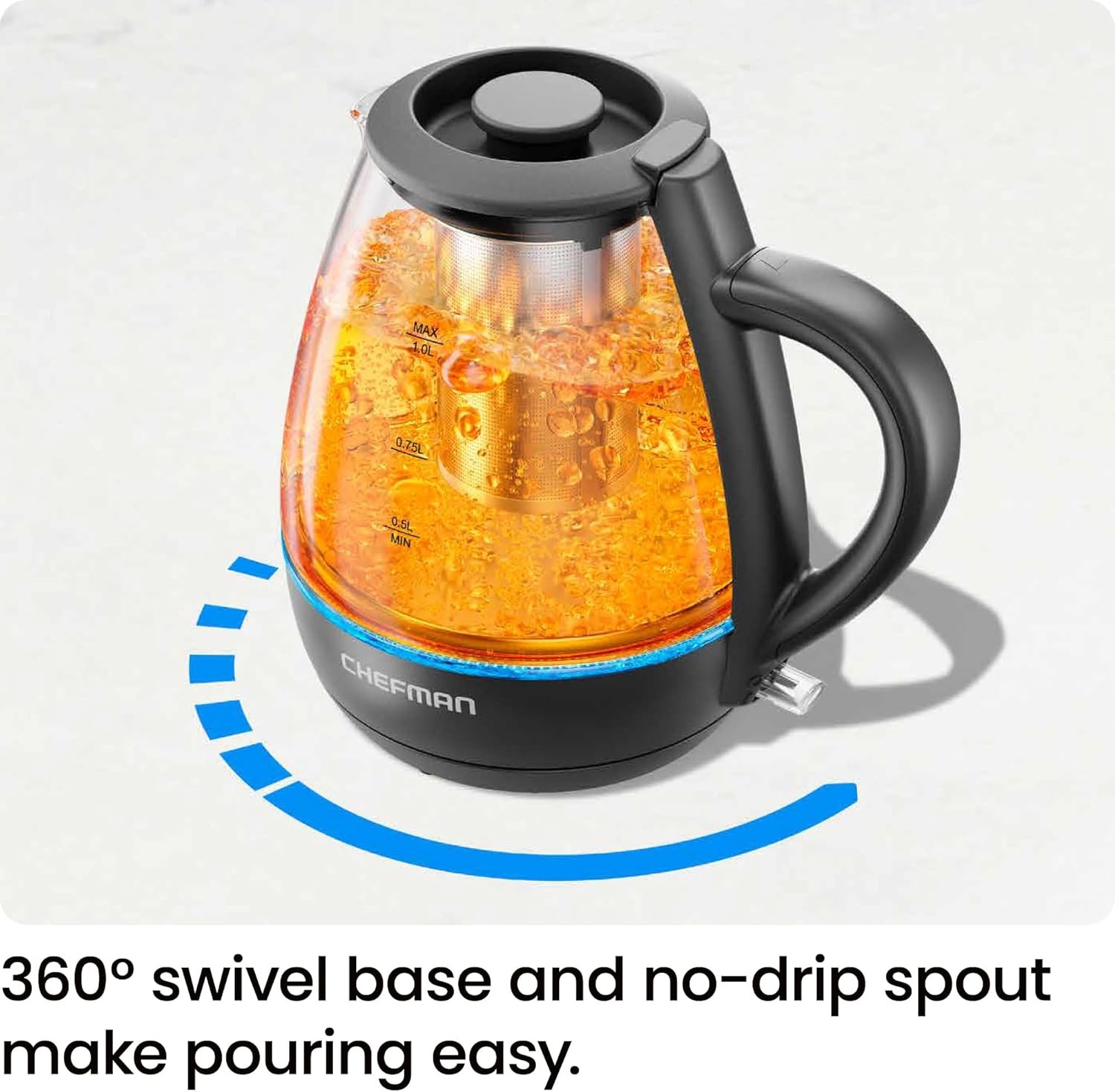 Chefman Electric Kettle with Tea Infuser, 1L 1500W, Removable Lid for Easy Cleaning, Boil-Dry Protection, Stainless Steel Filter, BPA Free, Auto Shut Off Hot Water Boiler, Small Electric Tea Kettle thumbnail 2