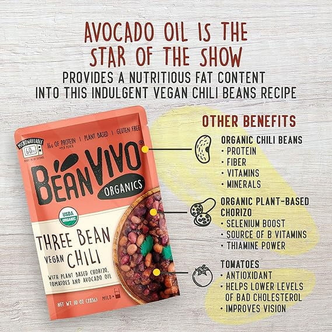 BeanVIVO Organics Three Bean Vegan Chili - Good Source of Fiber - Nutritious & Microwave Meals - Gluten-Free Plant Food - 10 oz Pouch thumbnail 4