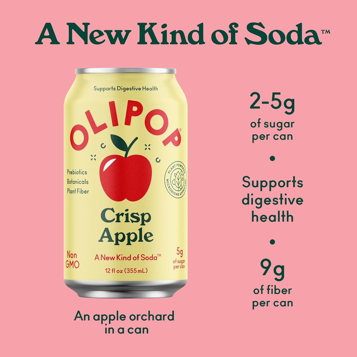 OLIPOP Prebiotic Soda Pop, Crisp Apple, A New Kind of Soda Packed with Prebiotics, Fiber, and Botanicals, Gluten Free, Vegan, GMO Free, 12oz (12-Cans) thumbnail 3