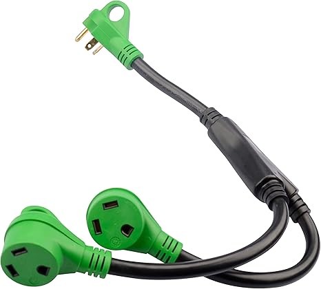 RVGUARD RV Y Adapter Cord with Handle 30 Amp TT-30 Male Plug to Two 30 Amp TT-30 Female, Green