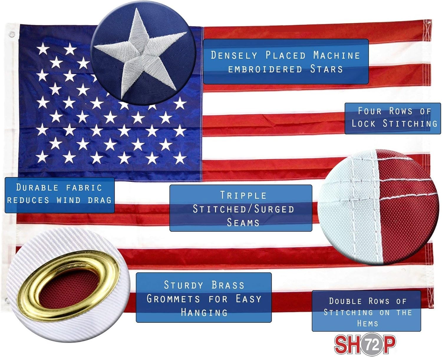Shop72 American Flag, 3x5 American Flag Outdoor Heavy Duty, Embroidered Stars, Allegiance to USA, Bandera De Estados Unidos, For Outdoor and Indoor thumbnail 5