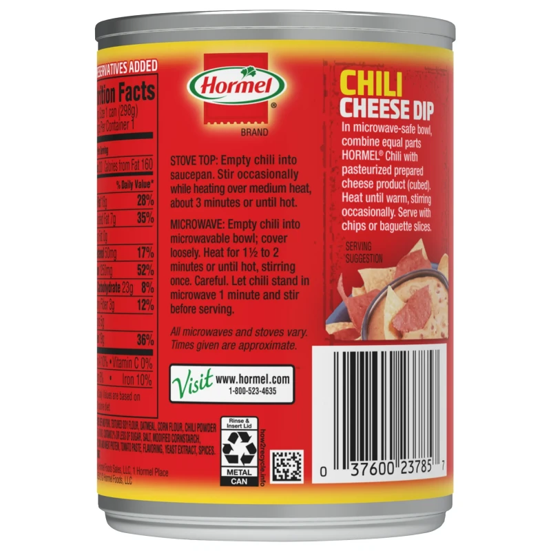HORMEL Chili, Beef and Pork, No Beans Canned Chili, No Artificial Ingredients, Shelf-Stable, 10.5 oz Steel Can thumbnail 3