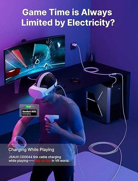 JSAUX Link Cable 16FT with Charging Compatible for Meta Quest 3S/Quest3/2/Pro Accessoriesã€ Charging While Playingã€‘ USB 3.0 High Speed Data Compatible for Oculus 3S/3/2/Pro, Pico 4, PC VR, Steam VR thumbnail 2