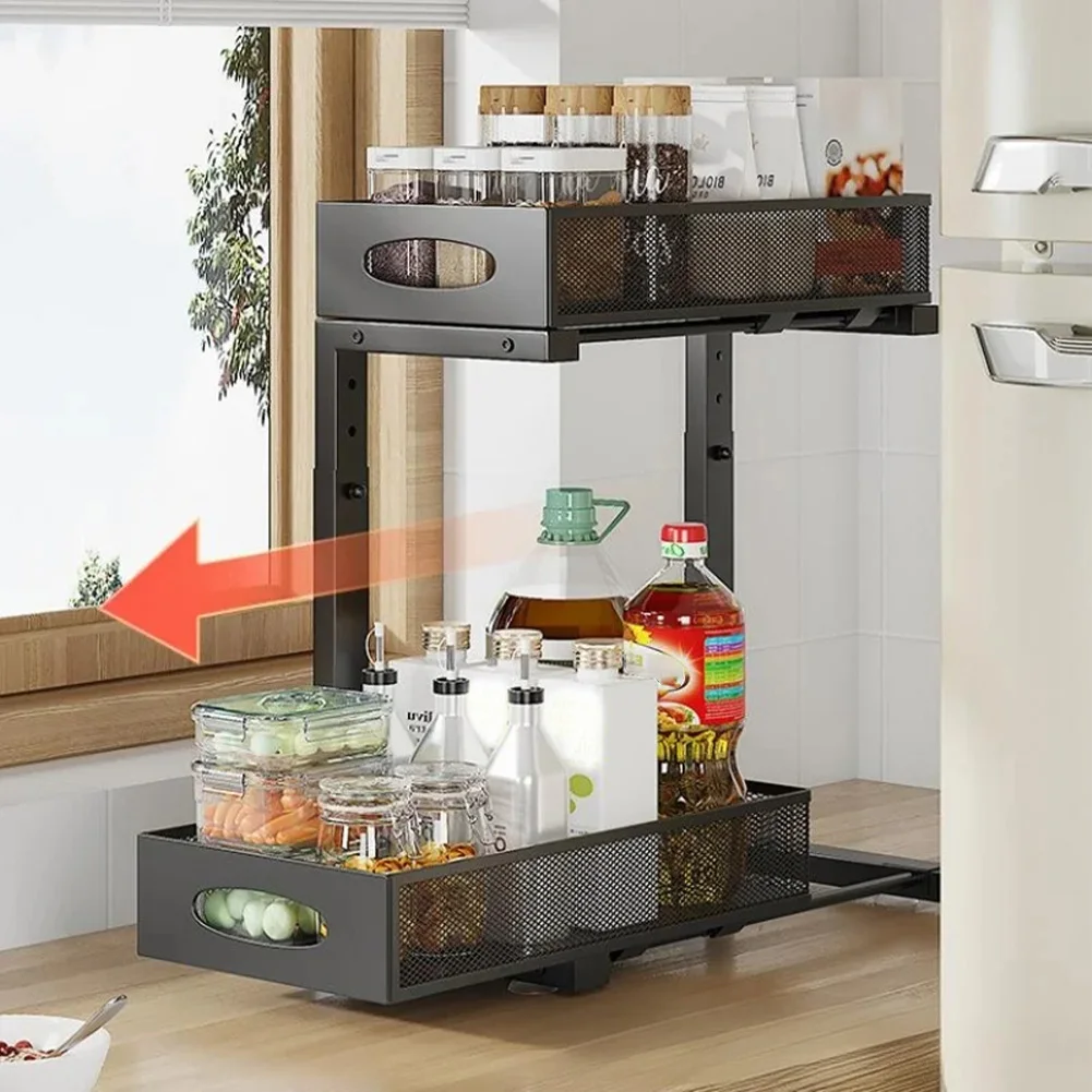 2 Tier Adjustable Height Under Sink Organizer with Sliding Drawer Pull Out Under Cabinet Kitchen Bathroom Organizer and Storage Black