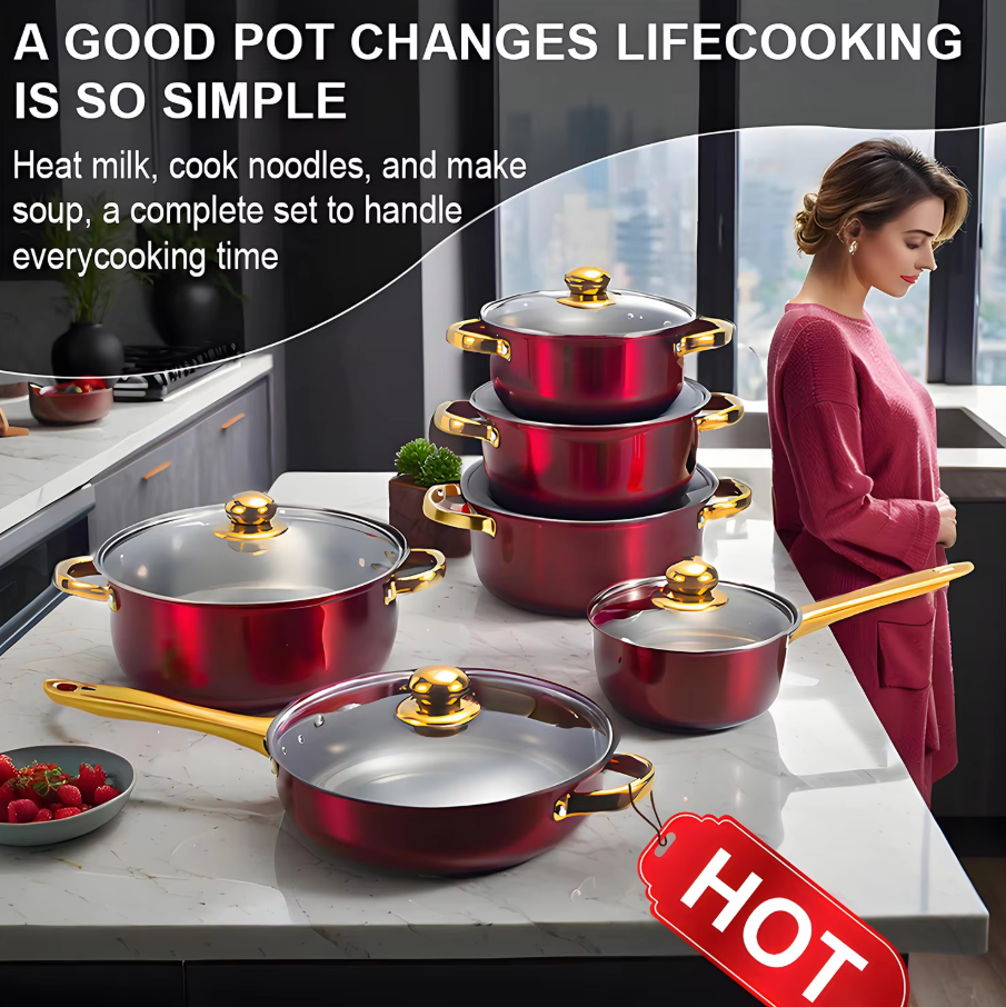Red Cookware Set, 12-Piece ,Stainless Steel, Non-Stick, Kitchen Cookware Collection, Complete Kitchen Solution thumbnail 3