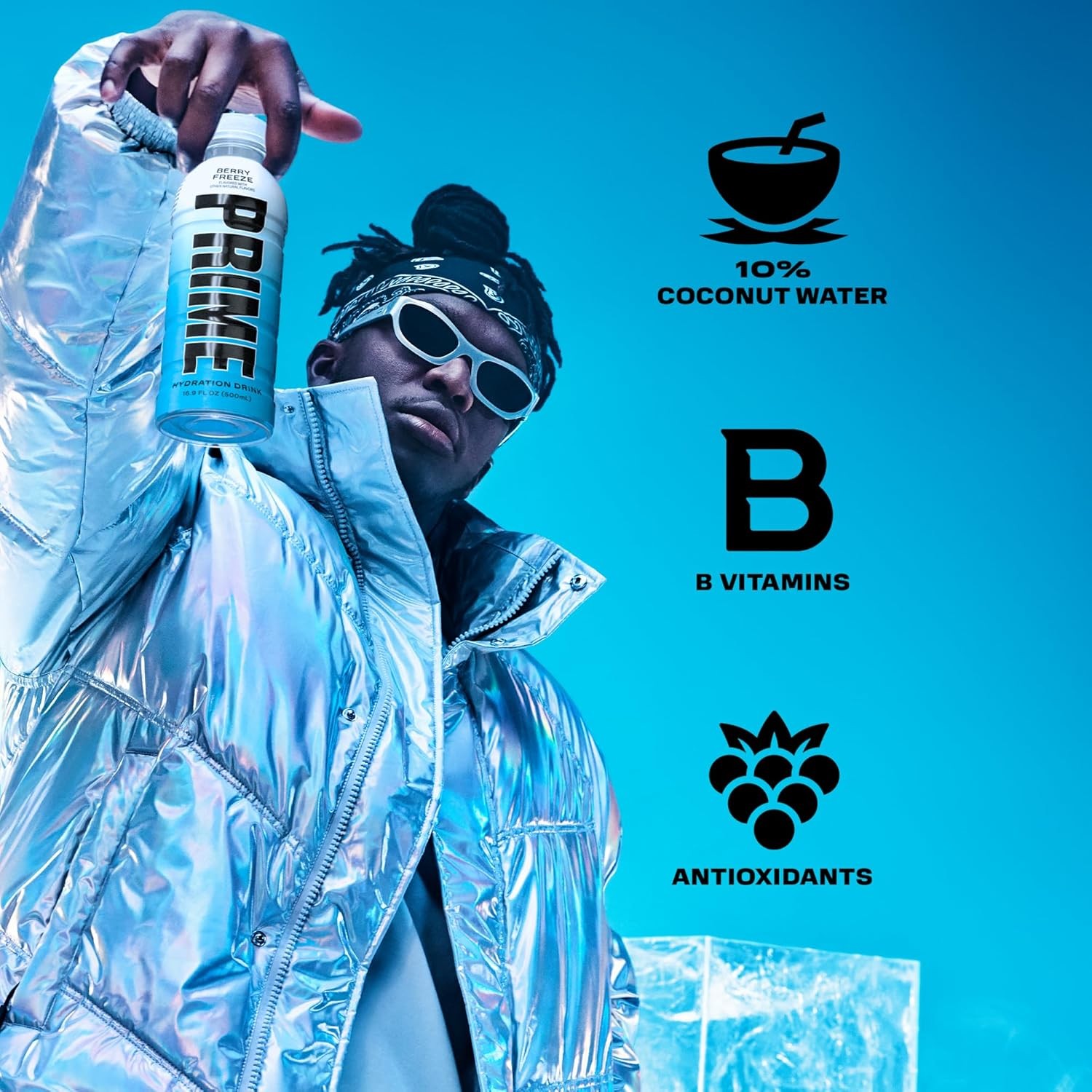 PRIME Hydration BERRY FREEZE, Sports Drinks, Electrolyte Enhanced for Ultimate Hydration, 250mg BCAAs, B Vitamins, Antioxidants, Low Sugar, 16.9 Fl Oz, 12 Pack thumbnail 2