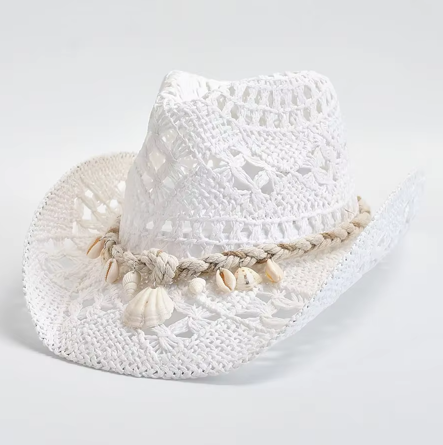 Summer Hand Woven Straw Hat for Women Shell Decoration Holiday Beach Sun Hat Chapeu Panama Feminino White