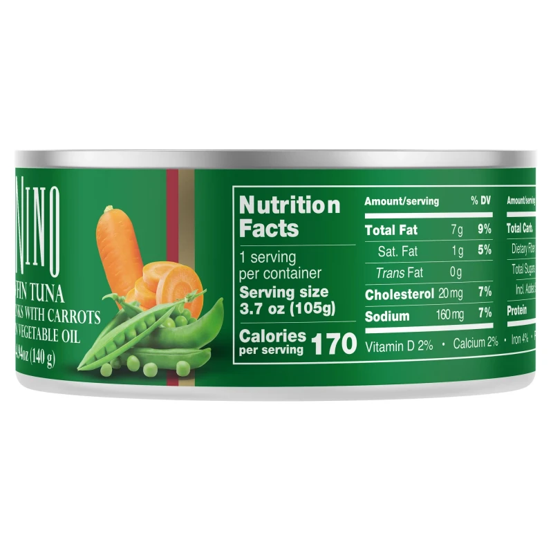 Tonnino Premium Yellowfin Tuna chunks with carrots and peas in vegetable oil, 4.94 oz, Can, Wild Caught thumbnail 4
