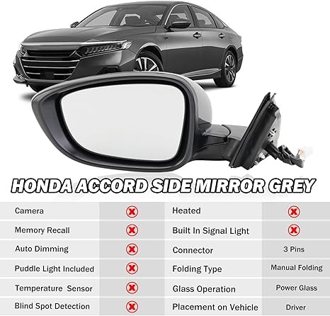 Left Driver Side Mirror Compatible with Honda Accord 2018 2019 2020 2021 Mirrors with Power,Non-Heated,Sport 1.5T, Repalce 76258-TVA-A02 HO1320328, Grey thumbnail 4