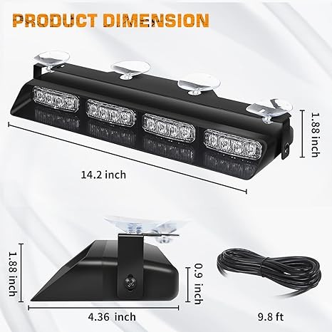 XRIDONSEN Emergency Dash Strobe Lights Safety Flashing Warning Hazard Interior Front/Rear Windshield Deck Split Light Bar w/Suction Cups for Construction Vehicles Trucks (2x14 inch, Amber White) thumbnail 6