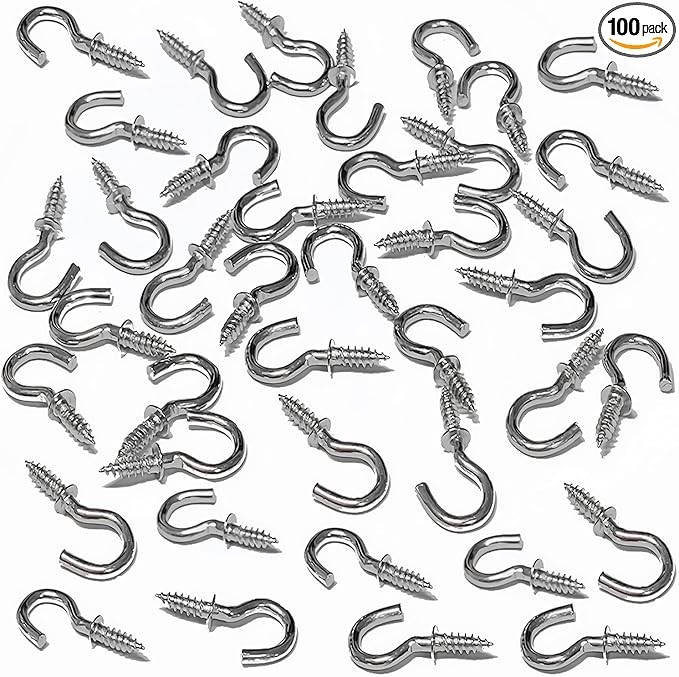 1 Inch Metal Cup Hooks Ceiling Screw Hooks 100 Pcs for Attachment and Suspension, Silver