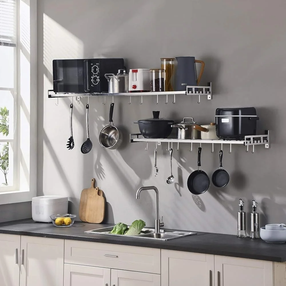 Wall Mounted Stainless Steel Pots and Pans Rack with 16 Hooks Kitchen Organizer Bathroom Shelf Space Saver Home Storage thumbnail 2