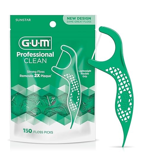 GUM Professional Clean Floss Picks - Extra Strong Shred-Resistant Floss, Easy Grip Handle - Dental Flossers for Adults - Fresh Mint Flavor, 150ct