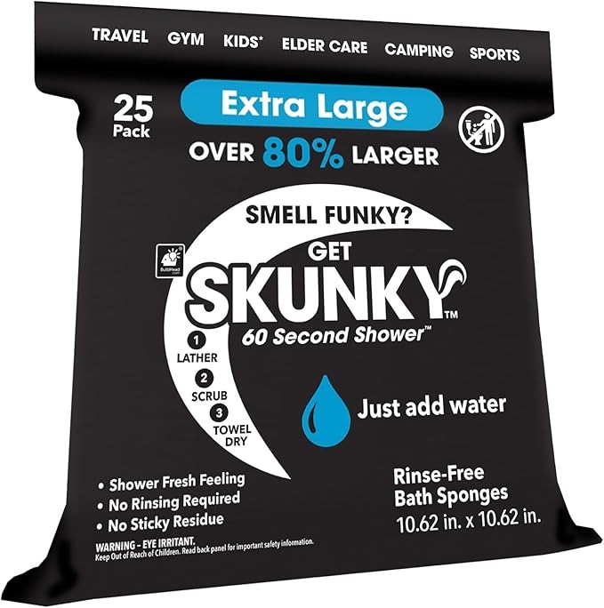 SKUNKY Skunky XL No Rinse Bathing Wipes, Cleans Without a Shower, Fast & Easy, 25 Count