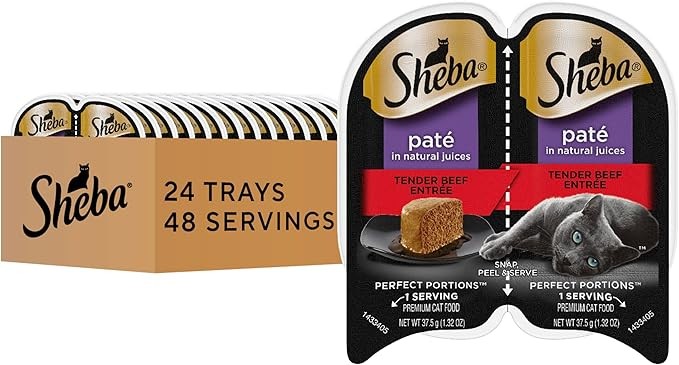 Sheba Perfect Portions PatÃ© Adult Wet Cat Food Trays (24 Count, 48 Servings), Tender Beef EntrÃ©e, Easy Peel Twin-Pack Trays