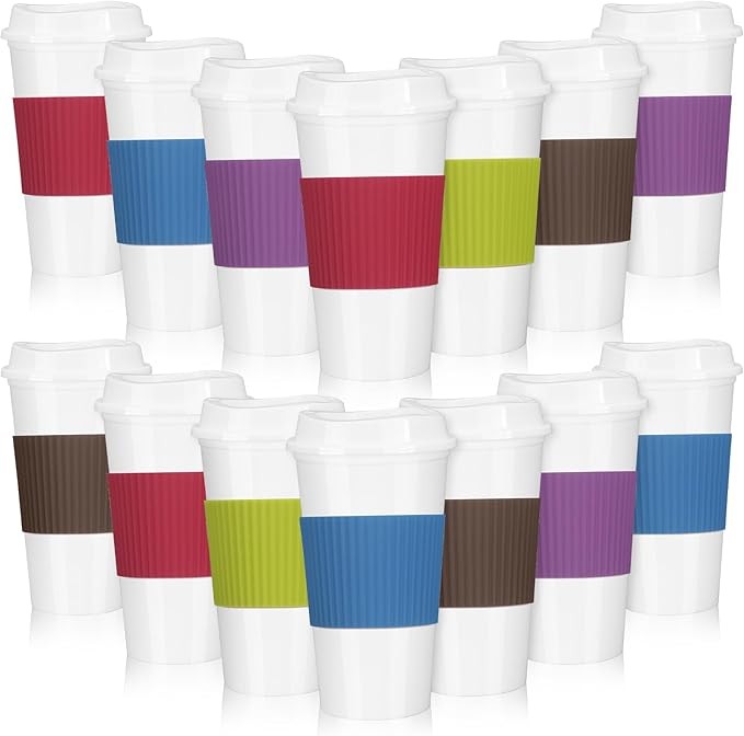 15 Pieces Reusable Coffee Cups with Lids and Non Slip Sleeves, 16 oz Insulated Reusable Hot Cups Bulk Travel Coffee Mugs Plastic Tumblers Cup with Lids for Hot Cold Drinks(Bright Color)