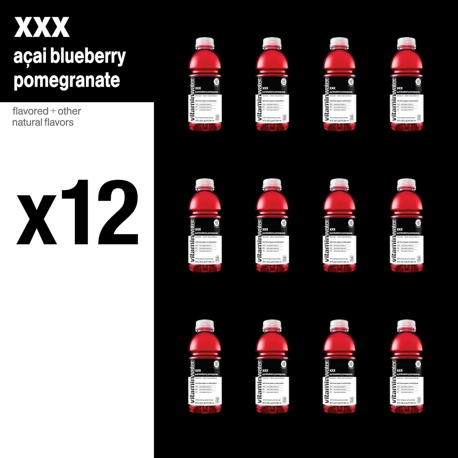 vitaminwater xxx, electrolyte enhanced water w/vitamins, aÃ§ai-blueberry-pomegranate drinks, 20 fl oz, 12 Pack thumbnail 4