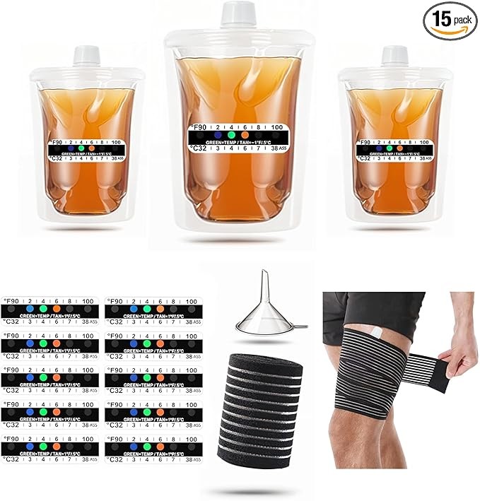 15 Pcs Urine Test Complete Kit Includes 3 Transparent Leakproof Bags,10 Adhesive Temperature Test Strips,47" Adjustable Leg Straps,Filling Funnel,Portable Travel Urine Test Bag(Hidden Style)