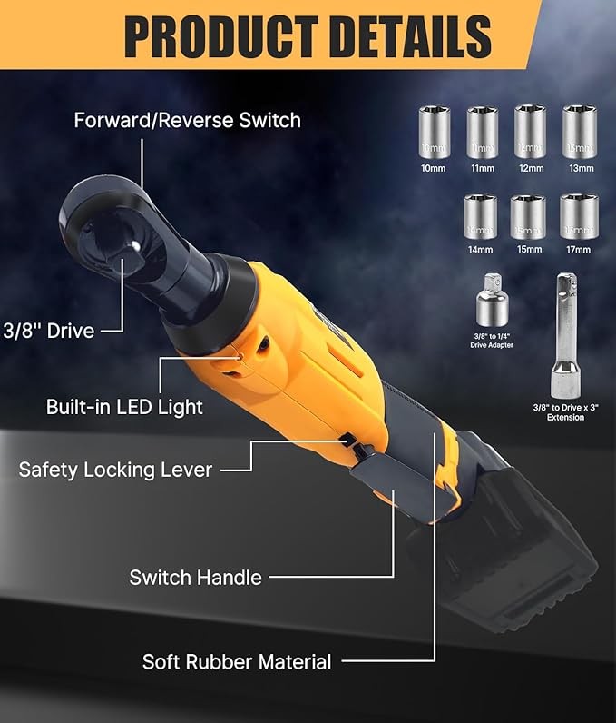3/8'' Cordless Ratchet Wrench Set for Dewalt 20V Battery, 60 Ft-lbs 400 RPM Variable Speed Trigger Electric Power Ratchet Wrench Replace for DCF513B Tool Kit (Tool Only) thumbnail 3