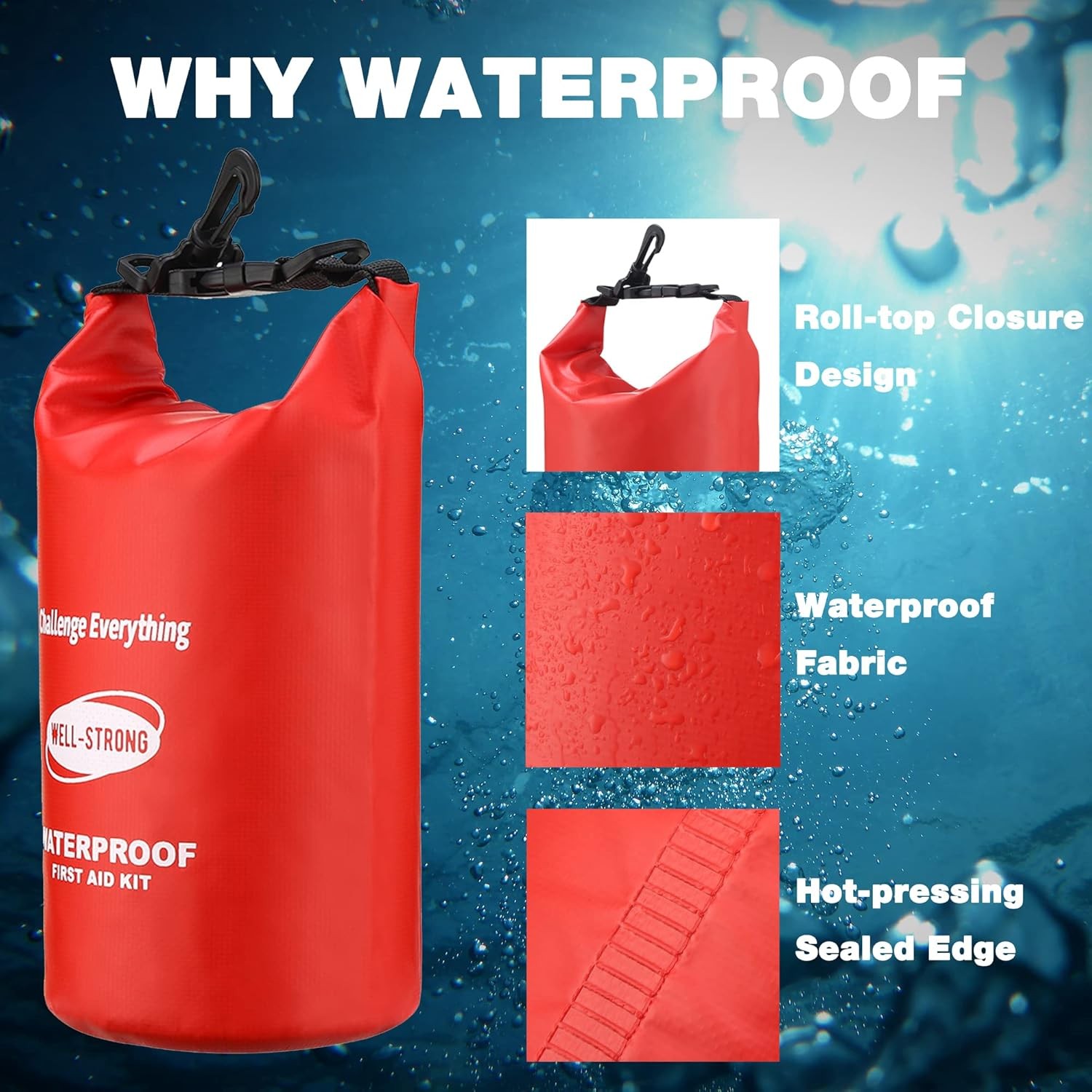 Emergency First Aid Kit for Boating & Marine Safety Waterproof Medical Supplies with Roll Top Design for Fishing, Kayaking Red thumbnail 2